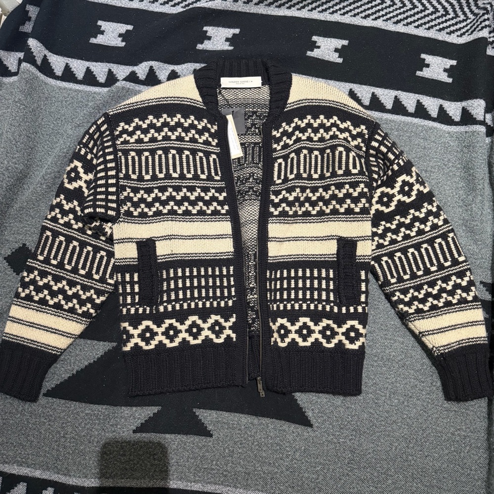 Golden Goose Wool Knit Boxi Black and Cream Zip-Up Cardigan Sweater size s Mens